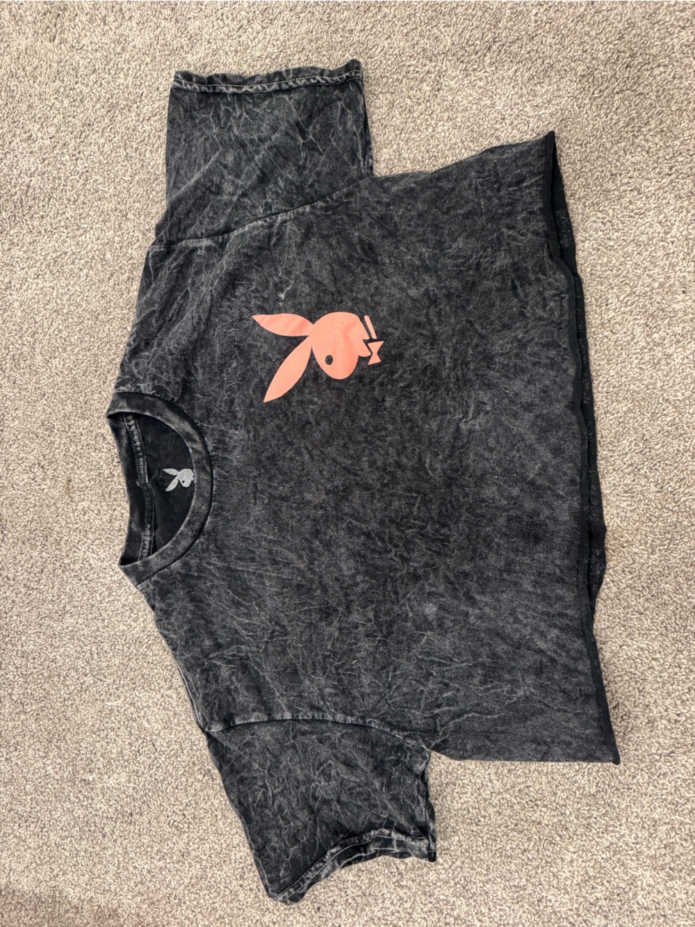 Playboy Acid Wash Cropped Graphic Tee | Medium | Black Pink Bunny Logo